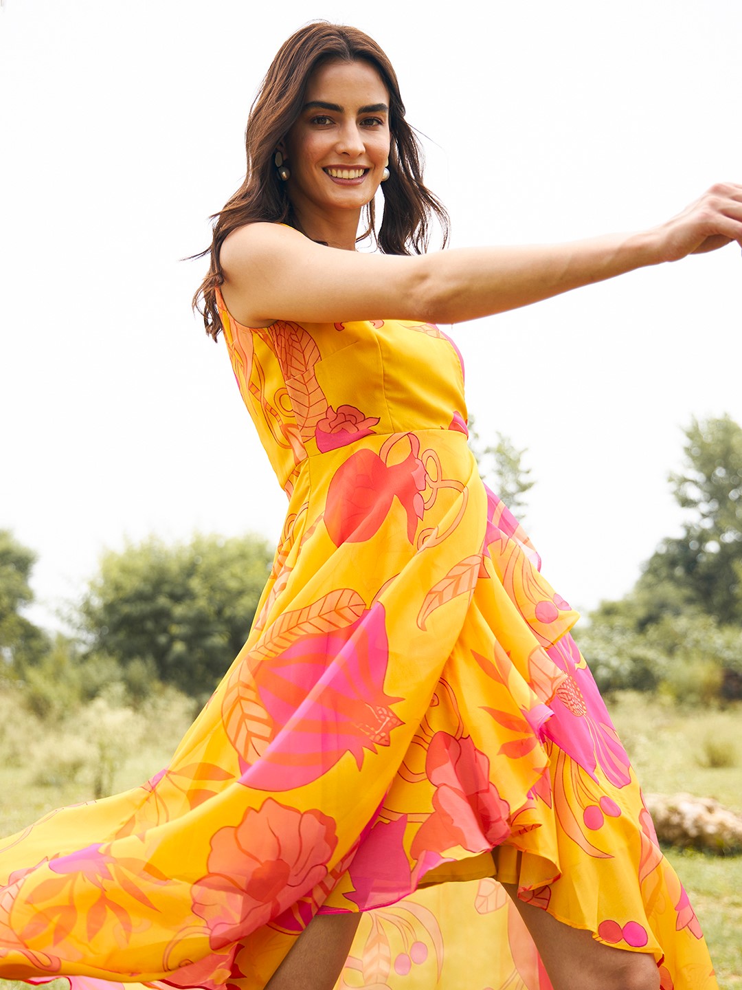Overlap Frill Asymmetric Dress in Yellow Color