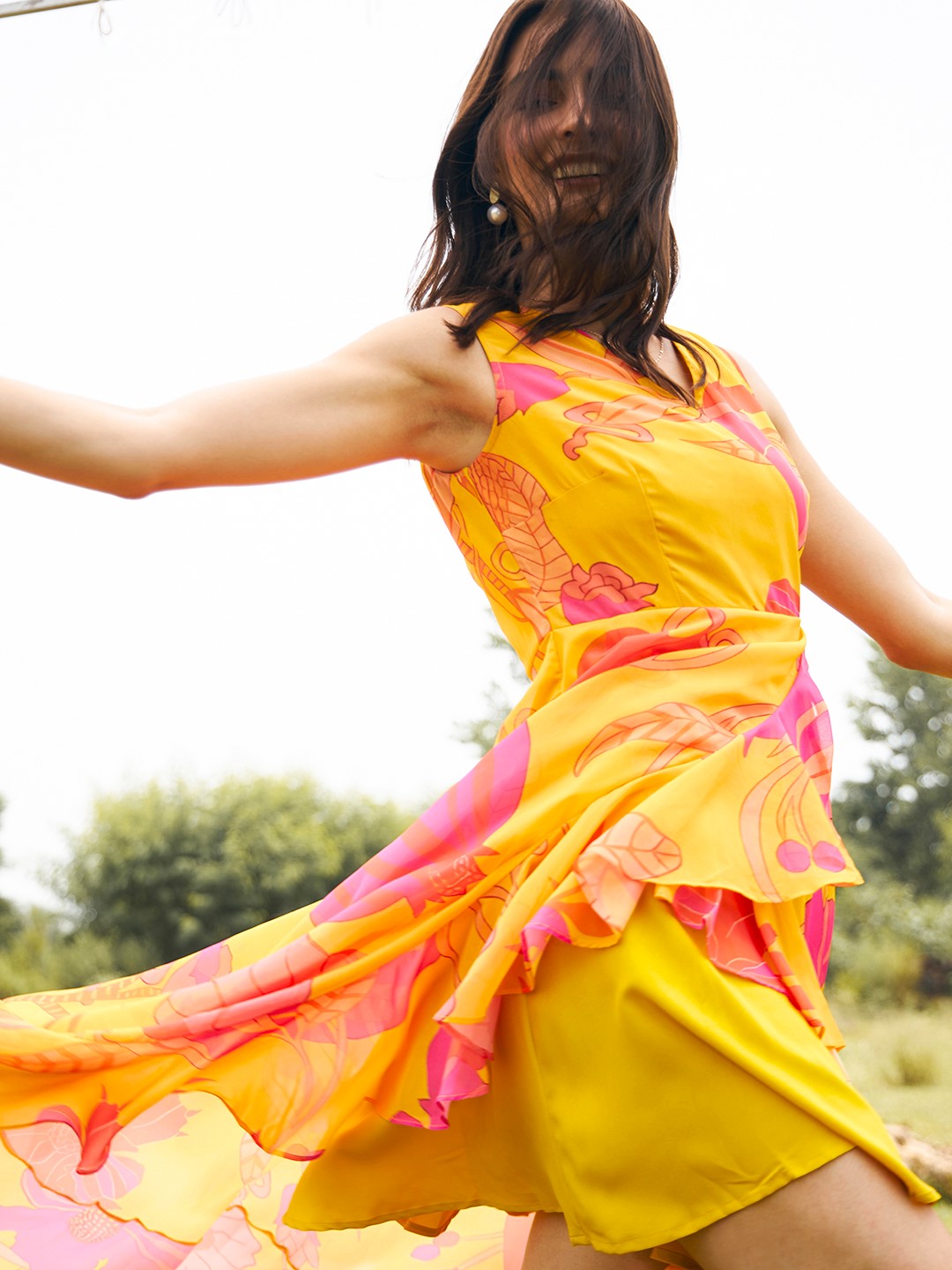 Overlap Frill Asymmetric Dress in Yellow Color