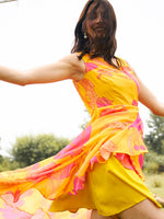 Overlap Frill Asymmetric Dress in Yellow Color