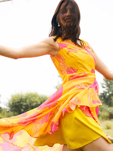 Overlap Frill Asymmetric Dress in Yellow Color