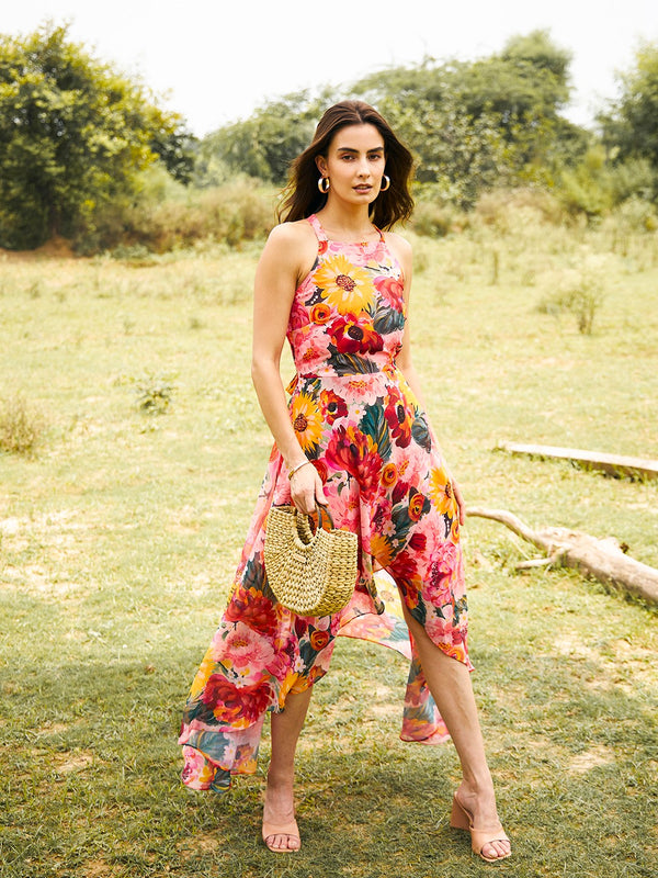 Backless overlap Asymmetric Dress in Multi Color Print