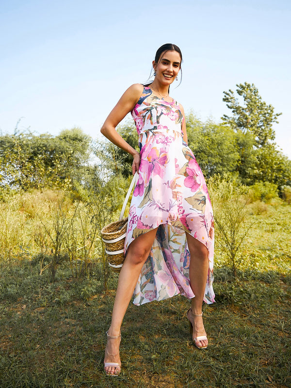 High Low Dress in Off white Color Print