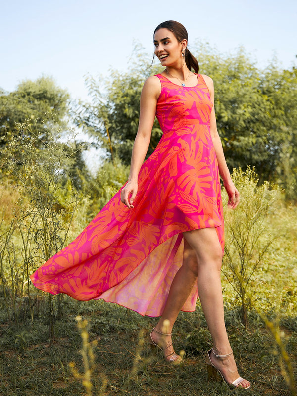 High Low Dress in Pink and Orange Print