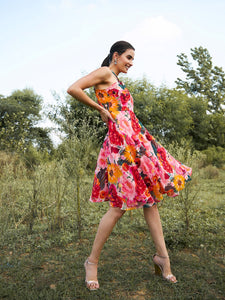 Draped neck midi dress in Multi Print