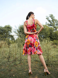 Draped neck midi dress in Multi Print