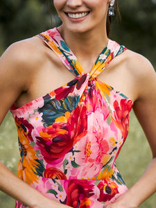 Draped neck midi dress in Multi Print