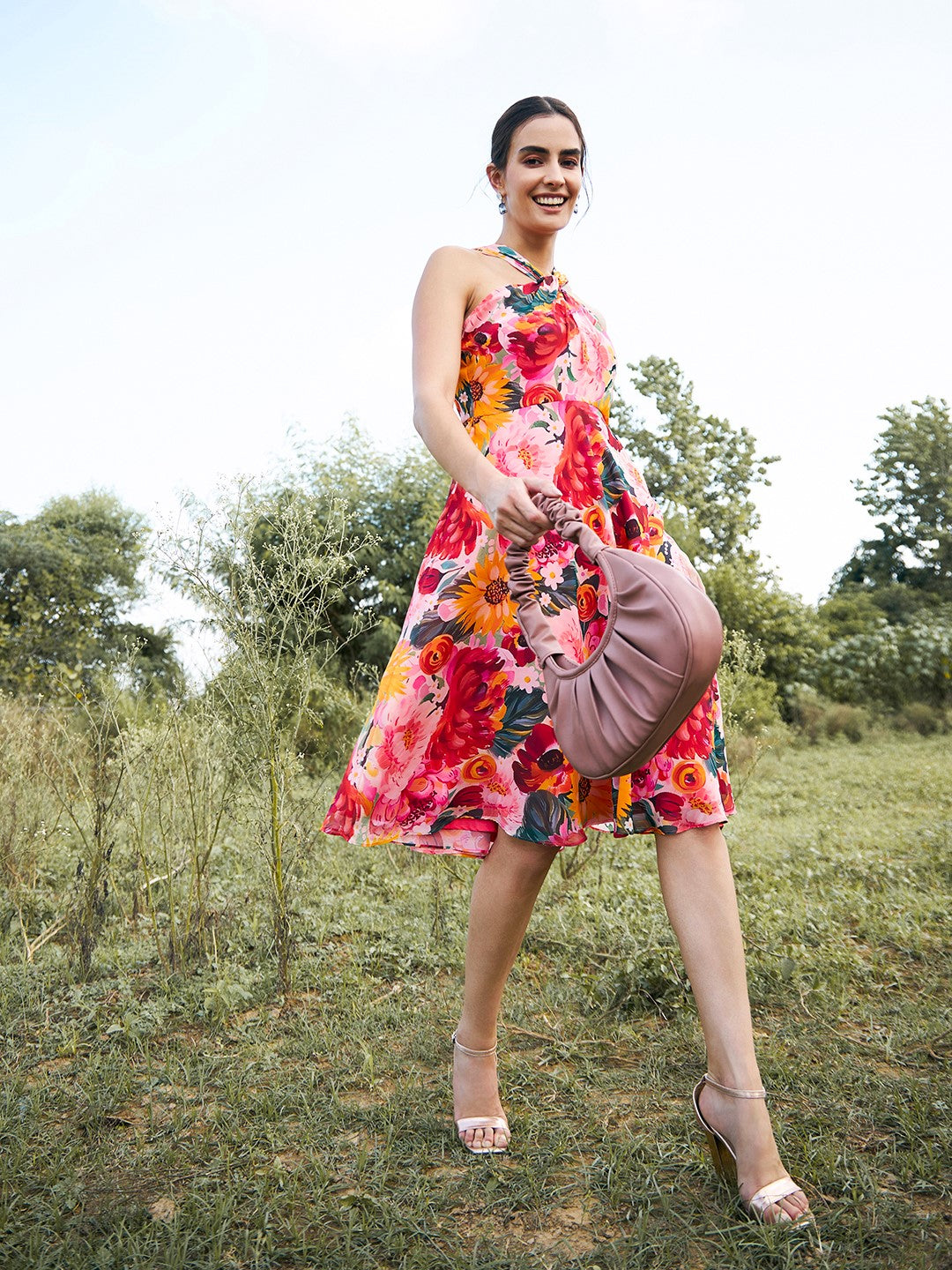 Draped neck midi dress in Multi Print