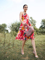 Draped neck midi dress in Multi Print