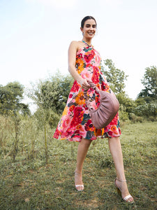 Draped neck midi dress in Multi Print