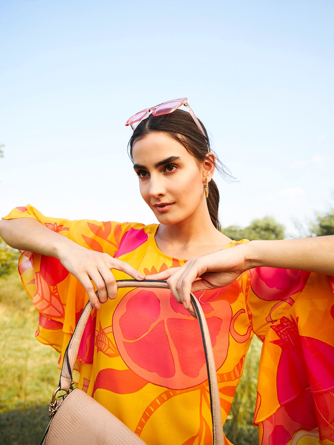 Double layered frill sleeve top in Yellow Print