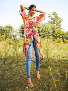 Front twist sheer Long top in Multi Color Print