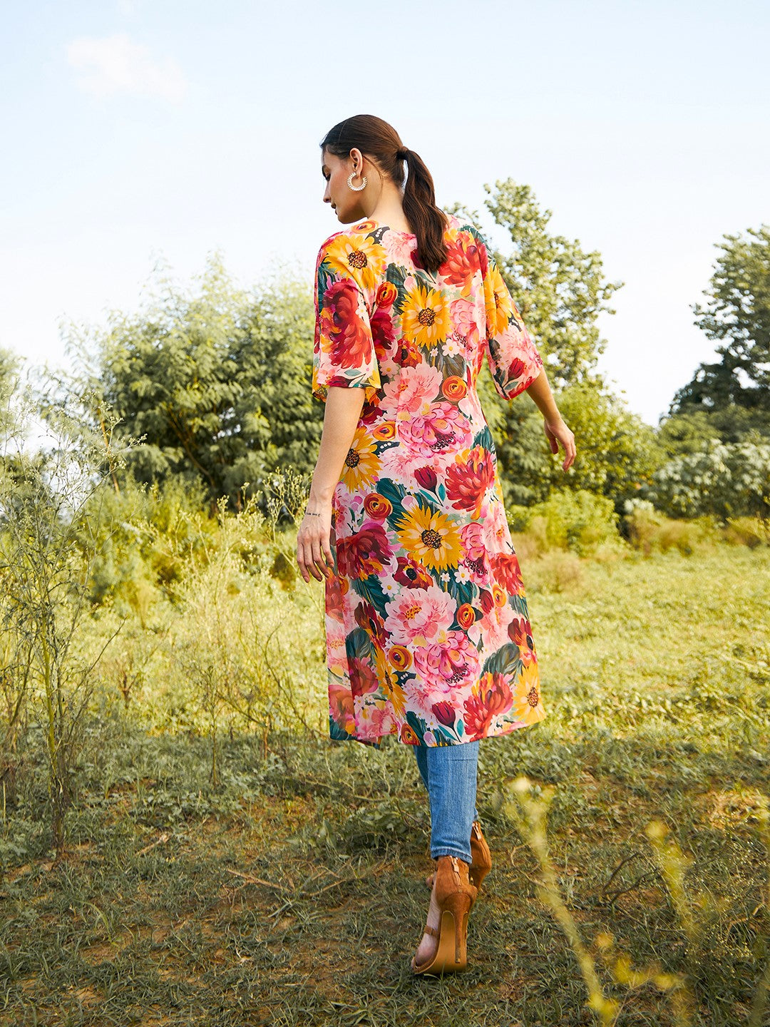 Front twist sheer Long top in Multi Color Print