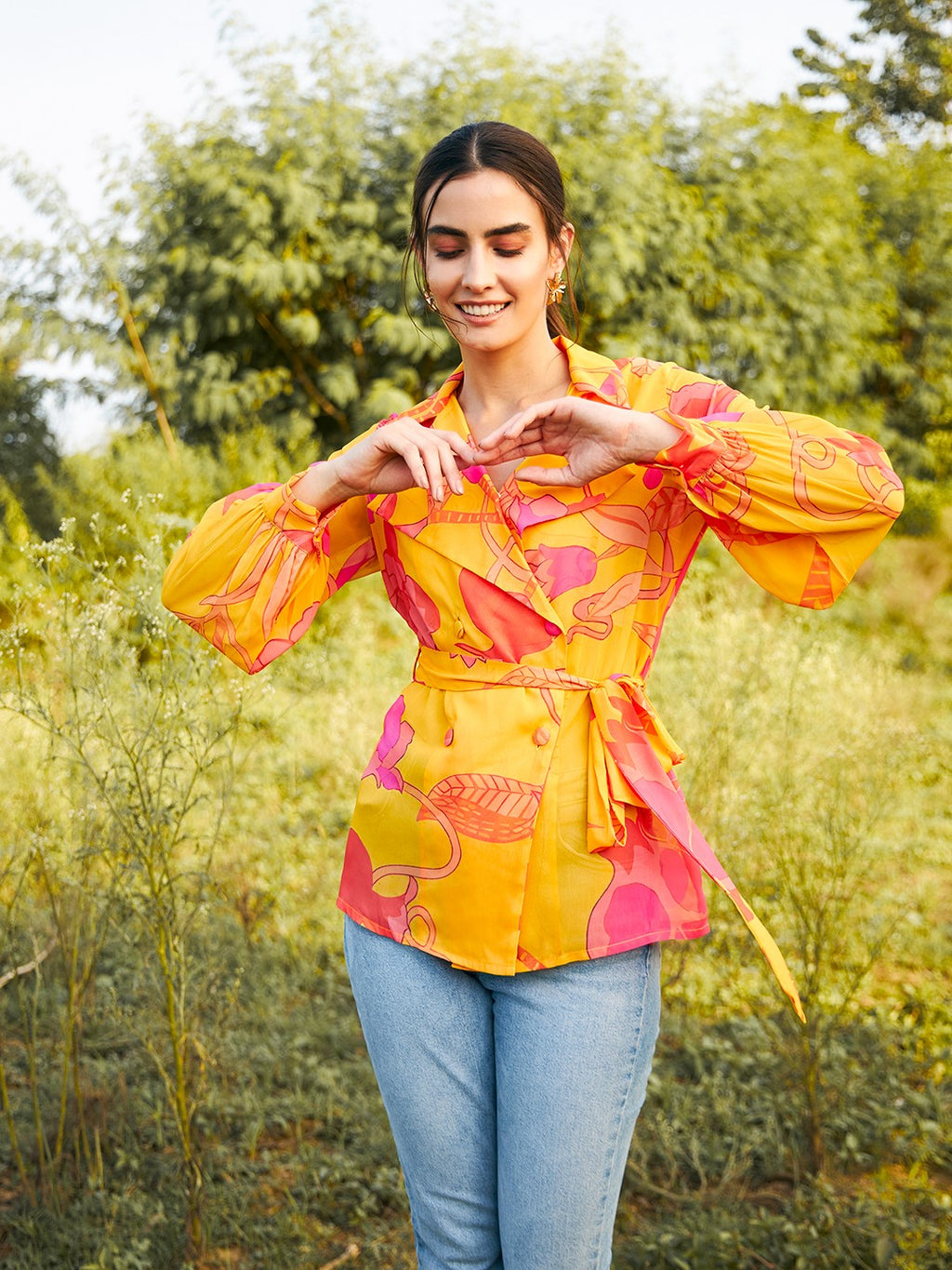 Double breasted Sheer blouse in Yellow Print