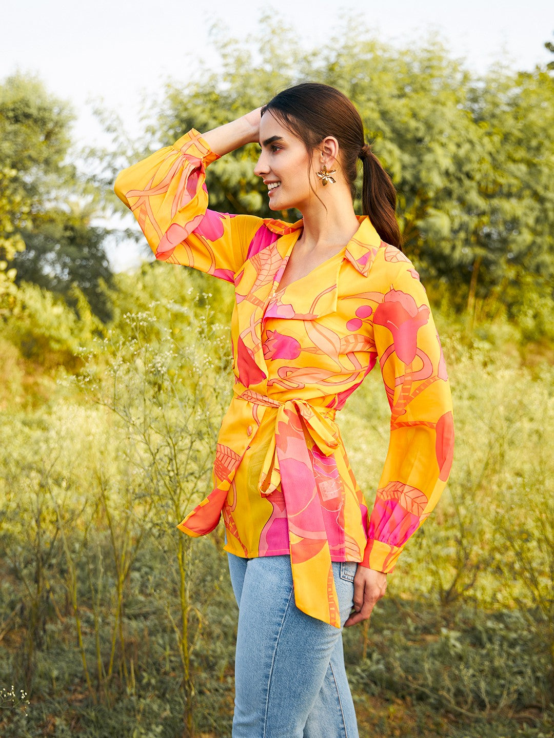 Double breasted Sheer blouse in Yellow Print