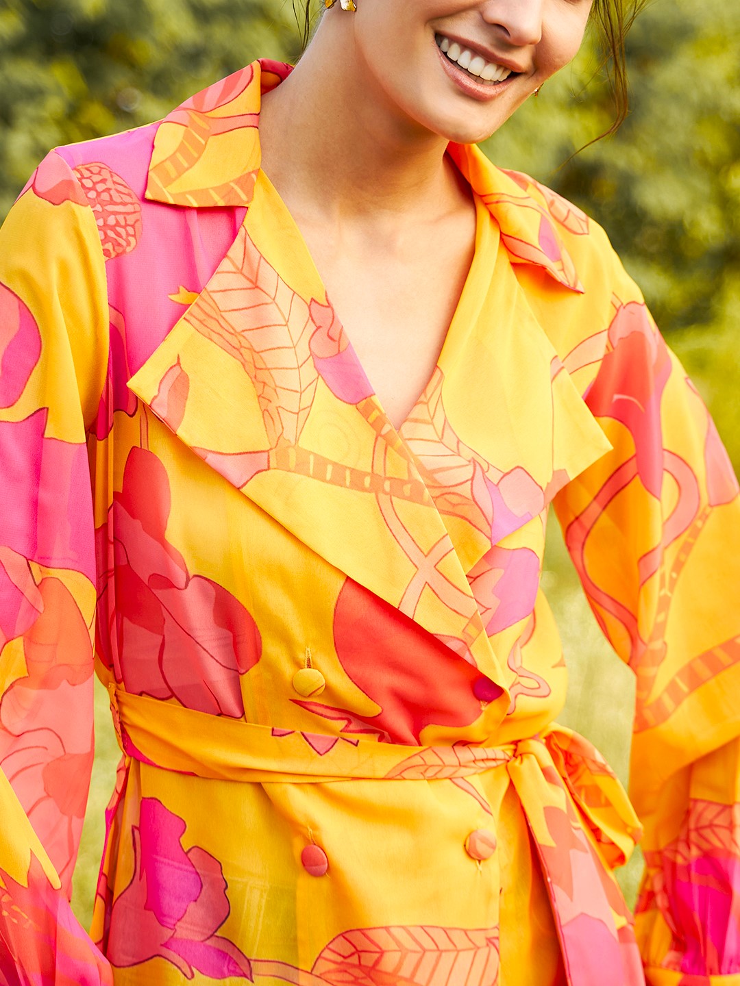 Double breasted Sheer blouse in Yellow Print