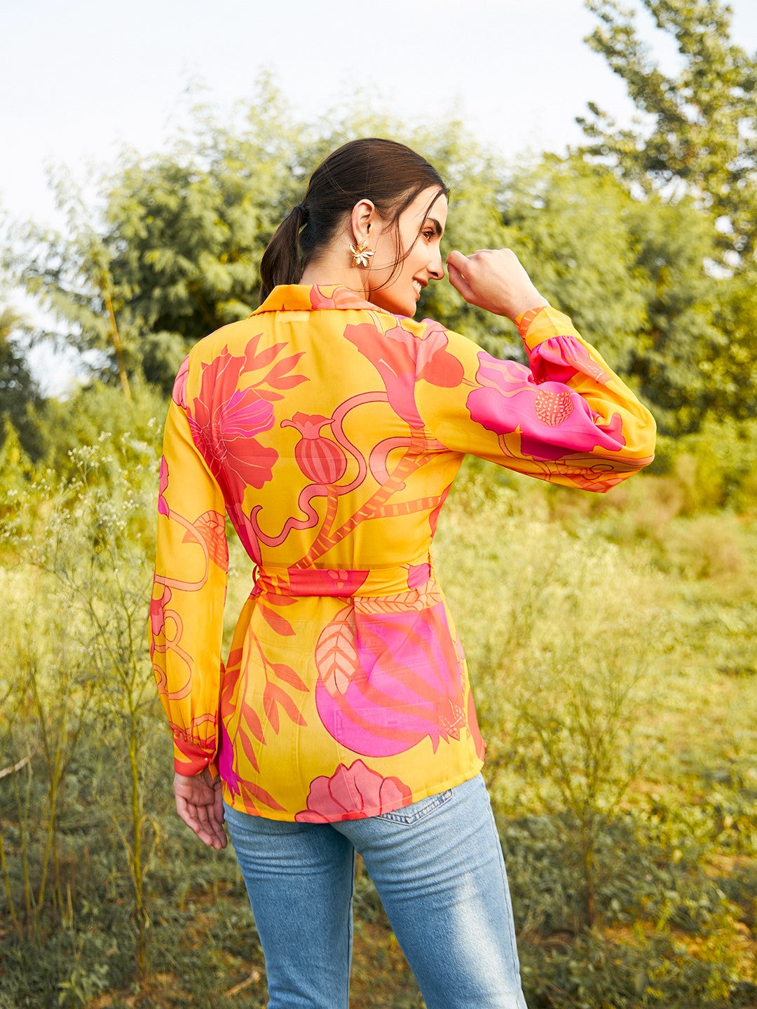 Double breasted Sheer blouse in Yellow Print