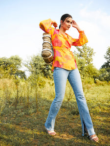 Double breasted Sheer blouse in Yellow Print