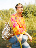 Double breasted Sheer blouse in Yellow Print