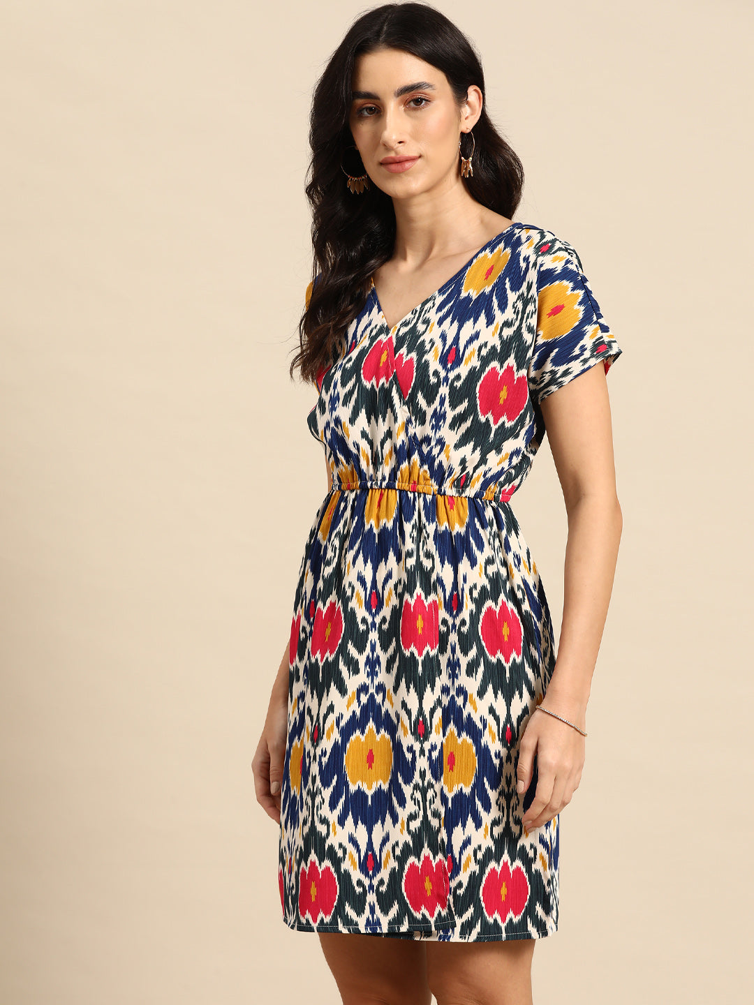 Overlap printed kimono sleeve short dress