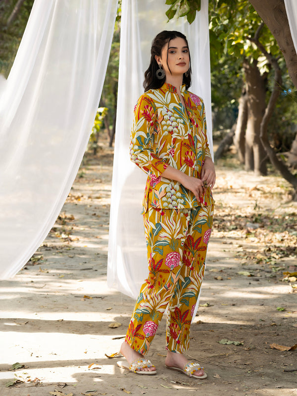 Box Pleat Co-Ord Set with tree print yellow