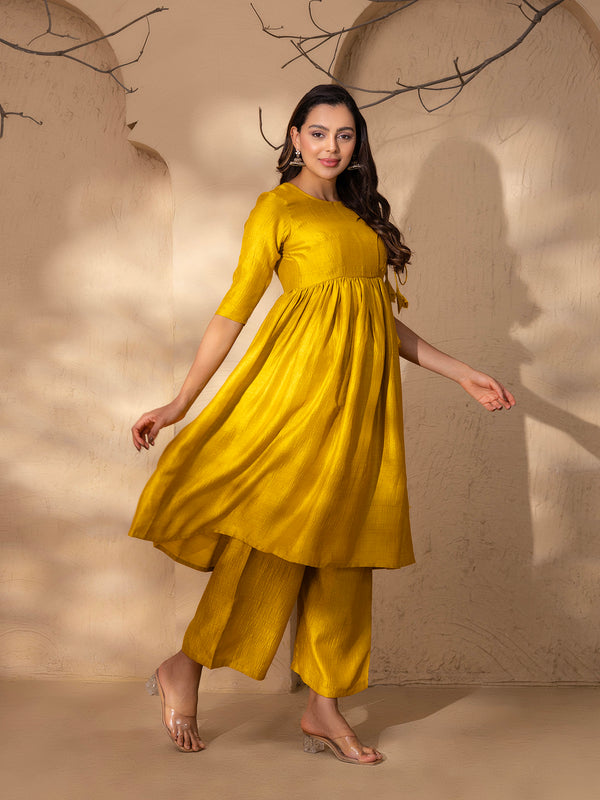 Anghrakha style Kurta with palazzo in Mustard Silk