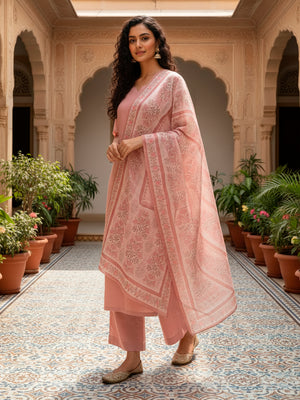 Straight kurta with Palazzo and Dupatta in Peach