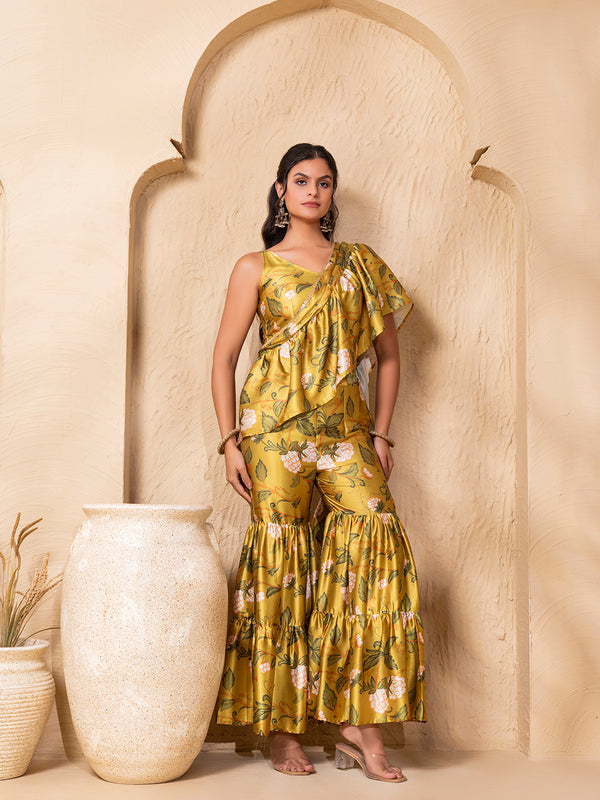 Crop Top with Sharara and frill Dupatta in Lime Green Grape Print