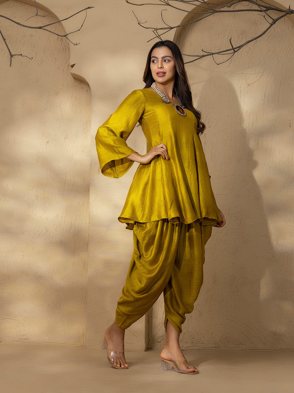 Flare bell sleeve kurta with dhoti  in Olive Silk