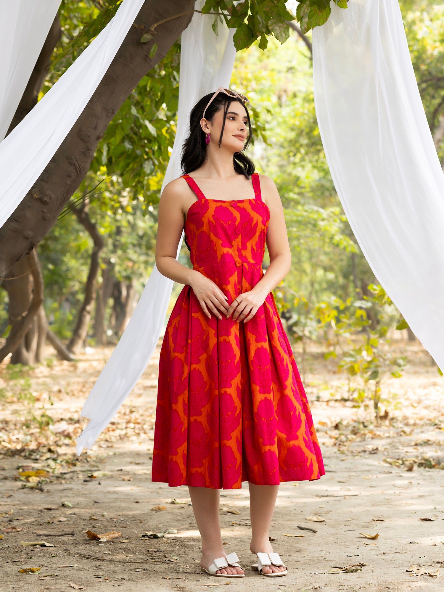 Strappy Box Pleat Midi Dress with IKKAT butti in pink and orange