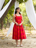 Strappy Box Pleat Midi Dress with IKKAT butti in pink and orange