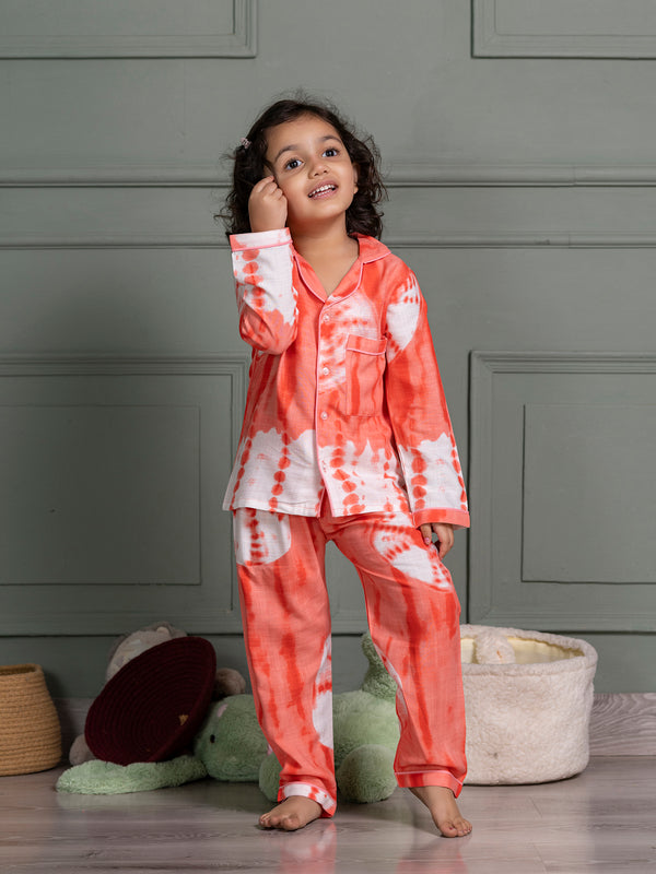 Kids Unisex Nightsuit Pyajamas & Shirt in Peach Border Tie & Dye  Print