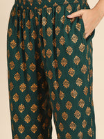 Kurta Pyajama with gota work in Bottle Green Print