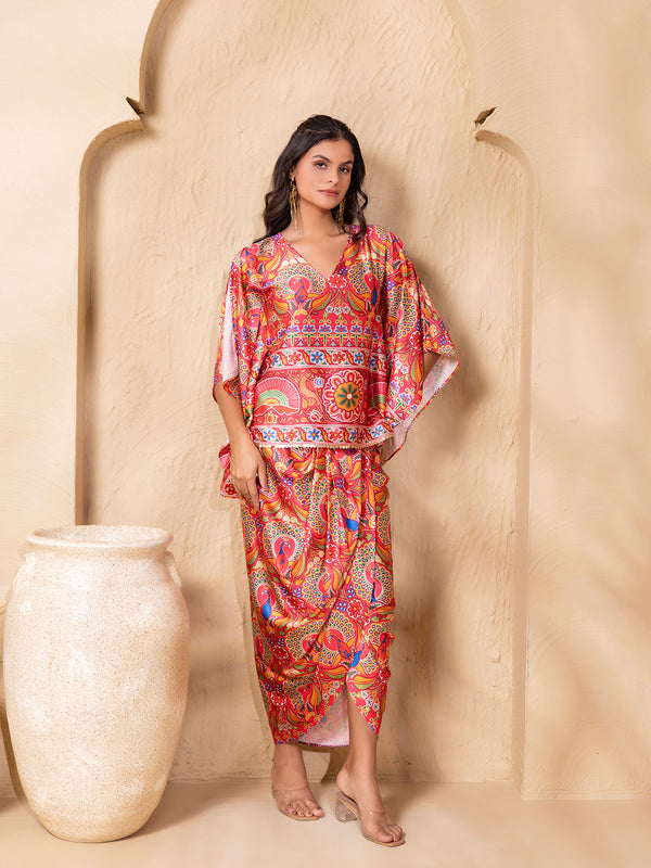 Kaftan Top with Dhoti Skirt in Border Coral Gujrati Print