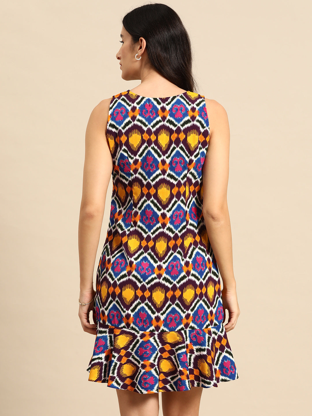Shift Dress with flare at the hem in Multi Color Ikkat Print