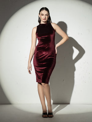 Sleeveless high neck bodycon midi dress  in Wine