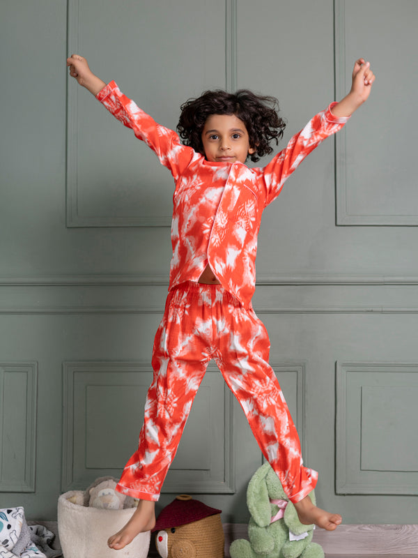 Kids Unisex Nightsuit Pyajamas & Shirt in Peach Tie & Dye  Print
