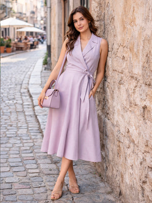 Pure Cotton Fit and Flare midi dress with knotch collar in Mauve