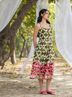 Strappy Box Pleat Midi Dress with Green and white big border print