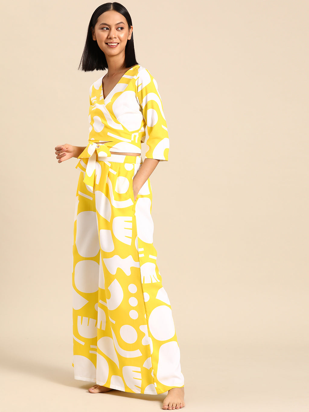 Overlap crop top with flare pyjama set in Yellow Print
