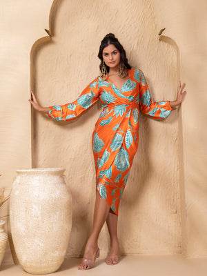 Overlap neck Tulip midi Dress in Orange Floral Print