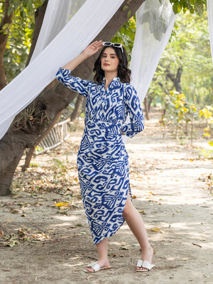 Asymmetric Cowl midi dress with IKKAT  print in BLUE