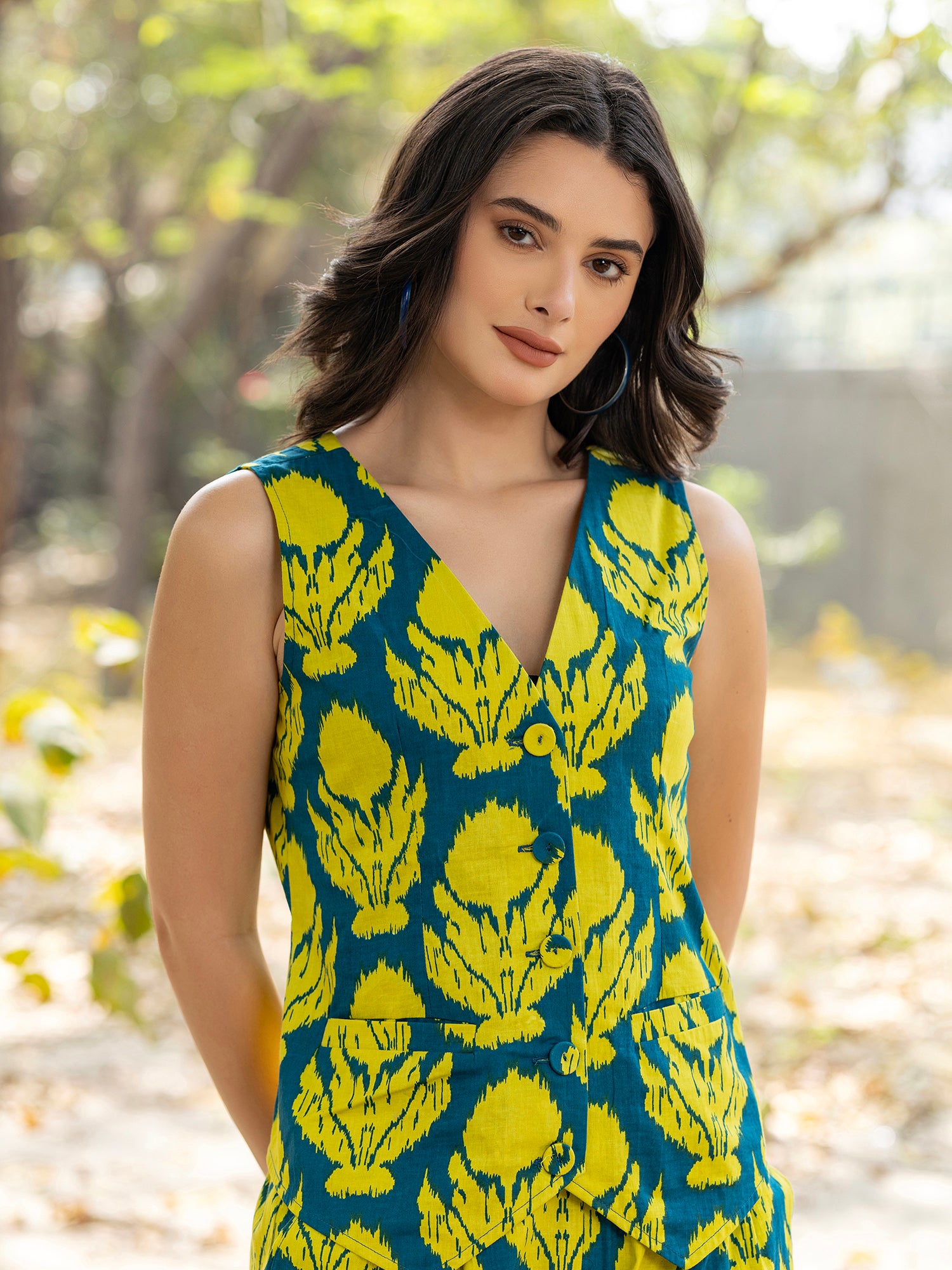 Waist Coat and Pants with IKKAT butti in teal blue and yellow