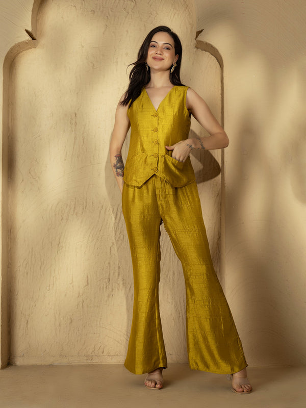 Waist Coat and Bell bottom Pants in Olive Silk