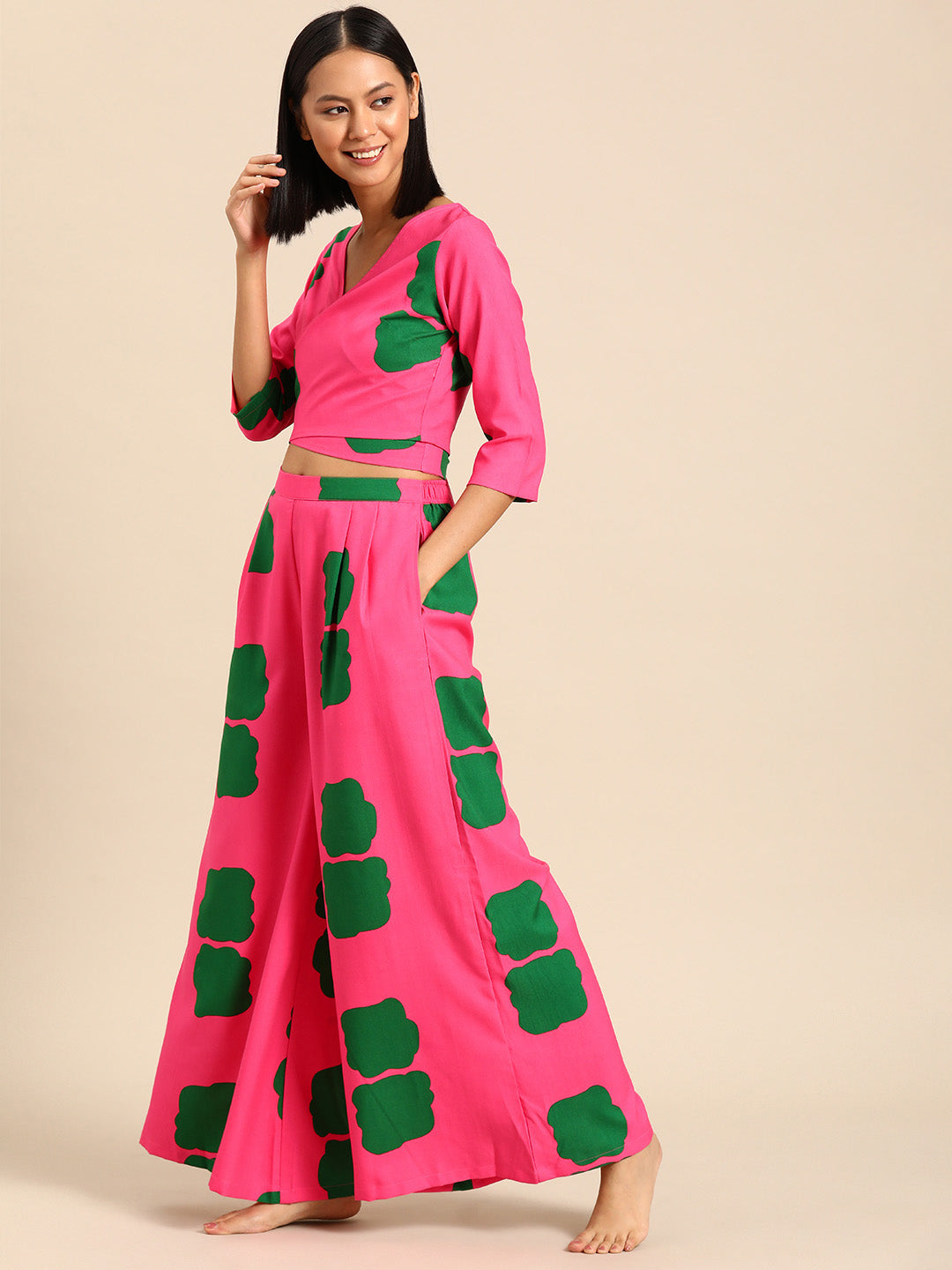 Overlap crop top with flare pyjama set Pink Color Print
