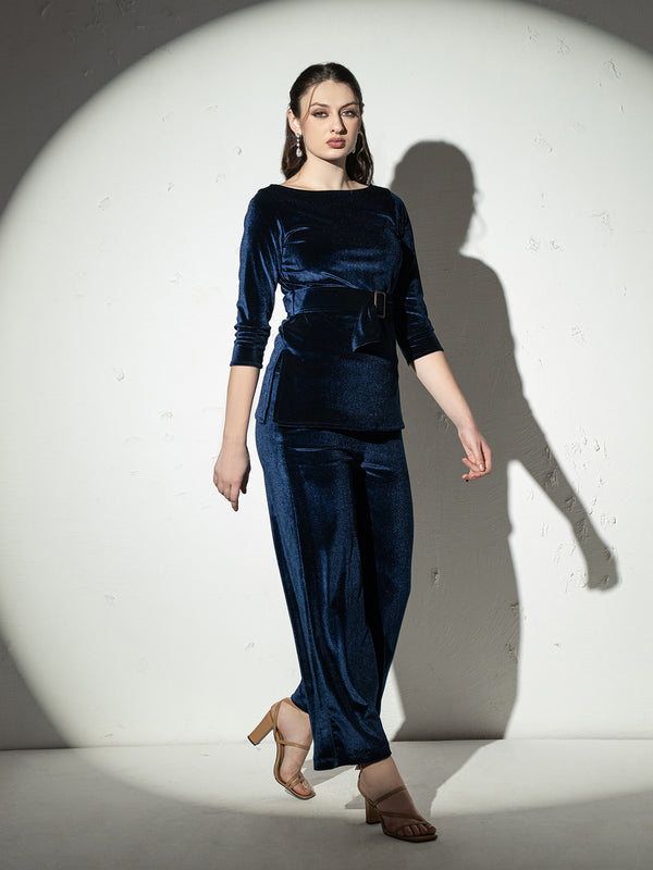 Boat Neck Coord Set with belt in Navy Blue Velvet