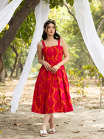 Strappy Box Pleat Midi Dress with IKKAT butti in pink and orange