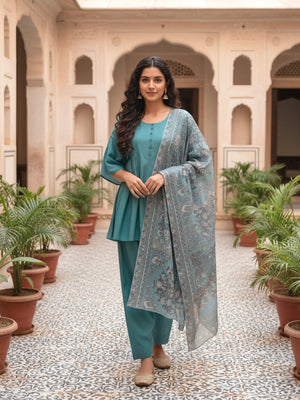 Short Flare kurta with farshi salwar and Dupatta in Sea Green