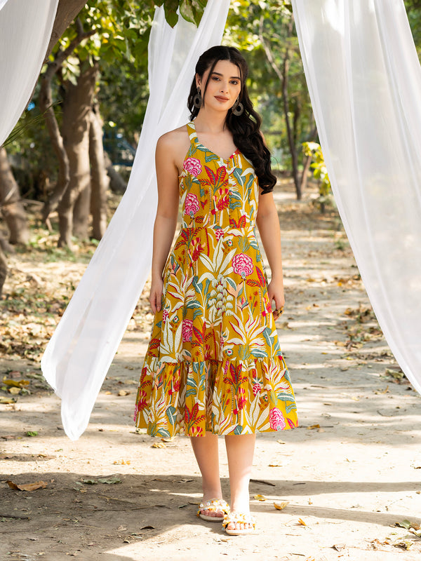 Strappy Layered Midi Dress with tree print yellow