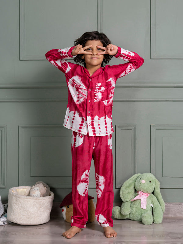 Kids Unisex Nightsuit Pyajamas & Shirt in Maroon Tie & Dye  Print