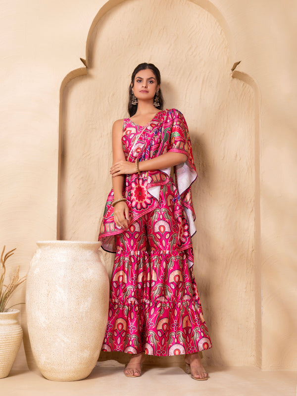 Crop Top with Sharara and frill Dupatta in Border Pink Gujrati Print
